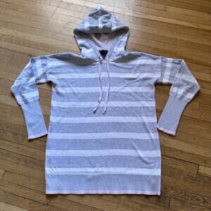 Tahari Women's Pullover Hoodie Size M Gray/White Stripe Thumbholes Athleisure